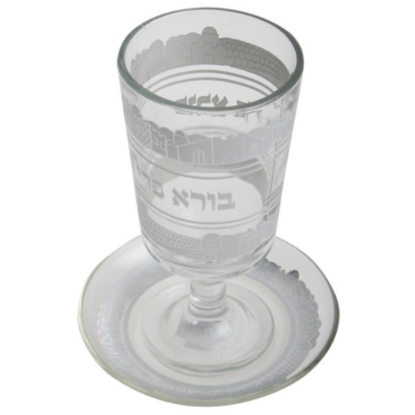 Kiddush Cup & Tray: Glass Jerusalem Design