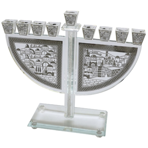 Chanukah Menorah: Crystal & Silver Plated Jerusalem Design