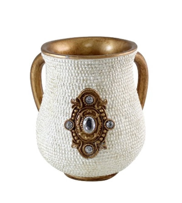 Wash Cup: Polyresin - Cream & Gold Texture Design With Crystal