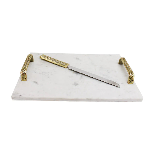 BT Shalom Collection: Marble Challah Board & Knife with Braided Gold Handles