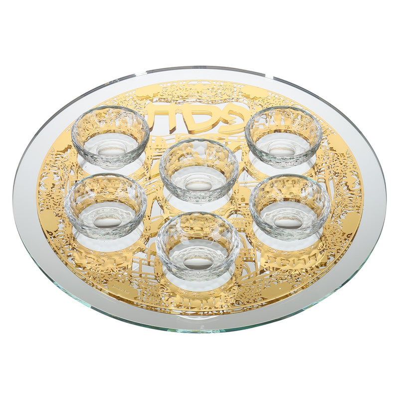 Seder Plate: Mirror And Glass With Jerusalem Design - Gold