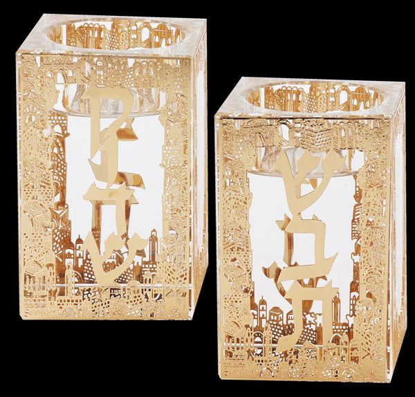 Tealight Holder - Crystal With Gold Jerusalem Design