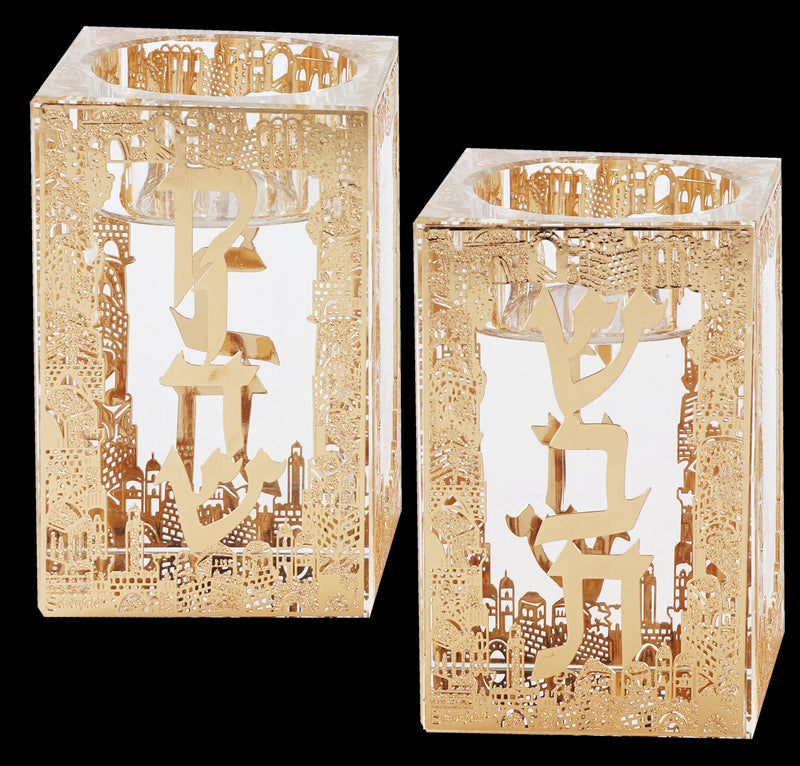 Tealight Holder - Crystal With Gold Jerusalem Design
