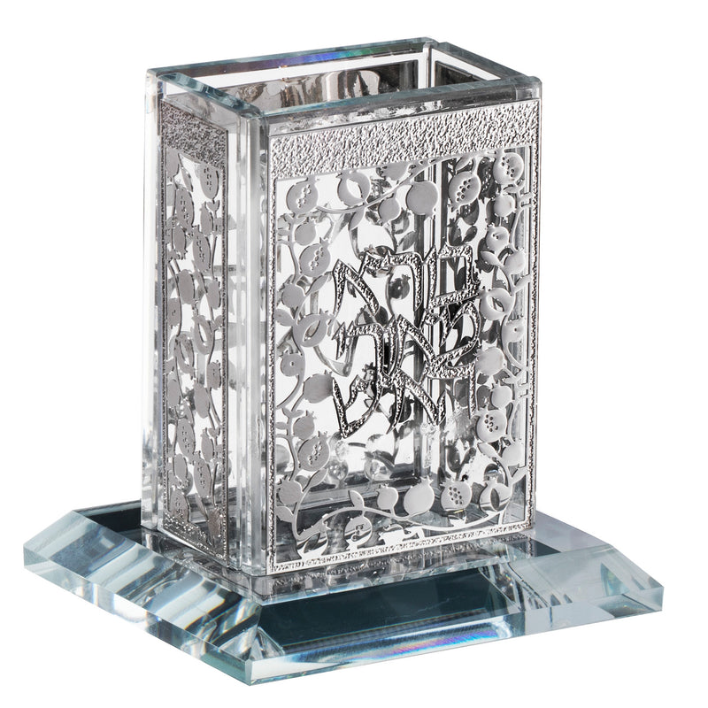 Havdalah Candlestick: Crystal With Silver Plate Pomegranate Design