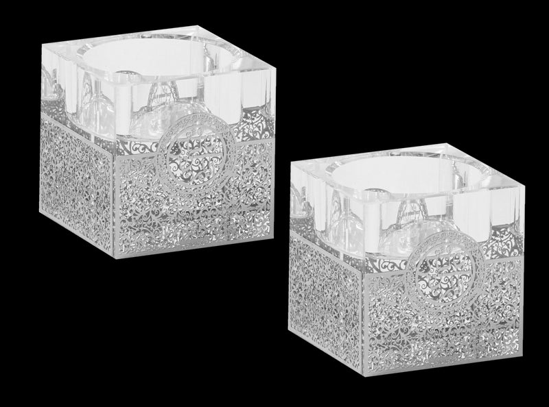 Tealight Holder - Crystal With Silver Floral Design