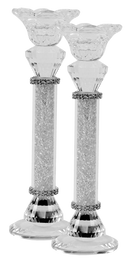 Candlestick Set: Crystal With Light Silver Stone - 9"