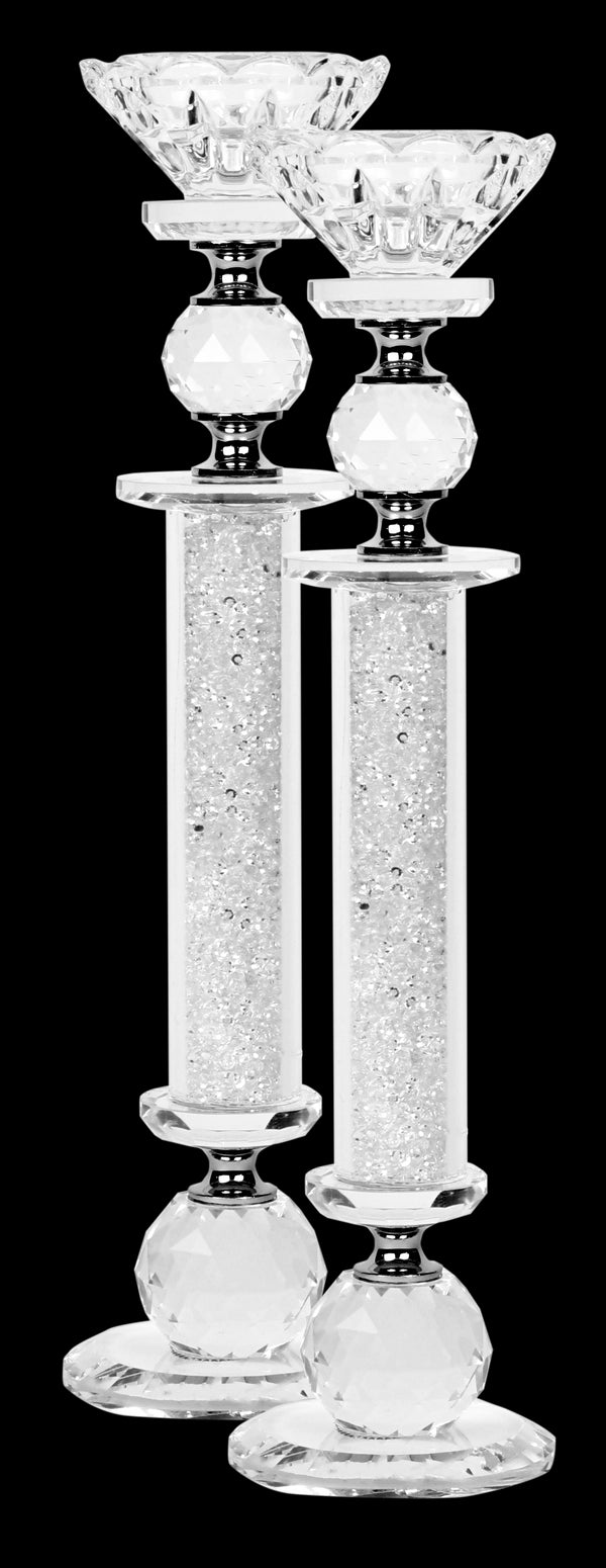 Candlestick Set: Crystal With White Crushed Stones - 11"