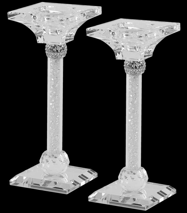 Candlestick Set: Crystal With Clear Crushed Glass - 7"