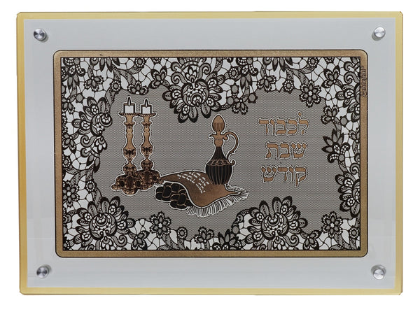 Challah Board: Glass With Shabbos Table Design - Gold