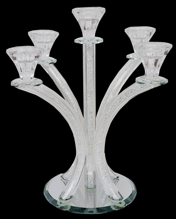 Candelabra: 5 Branch Crystal With Crushed Glass - 14"