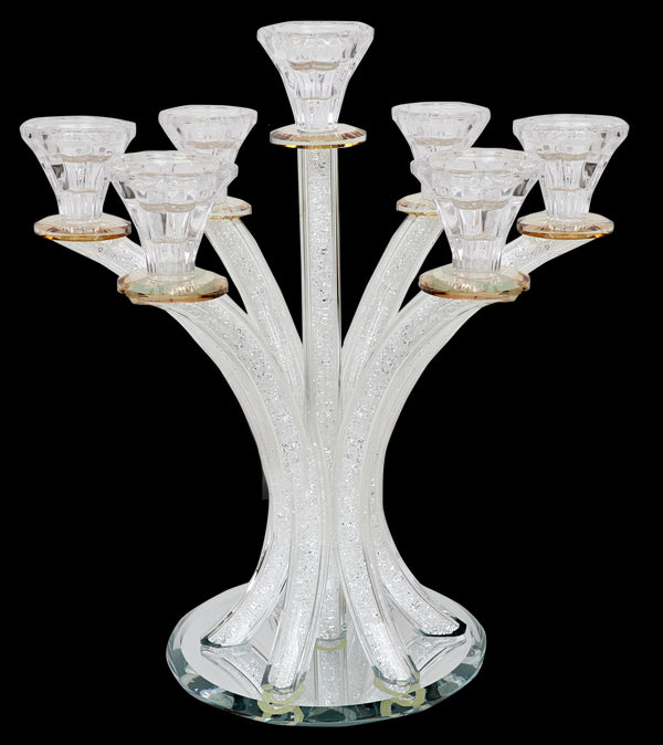 Candelabra: 7 Branch Crystal With Crushed Glass And Gold Branch - 14"