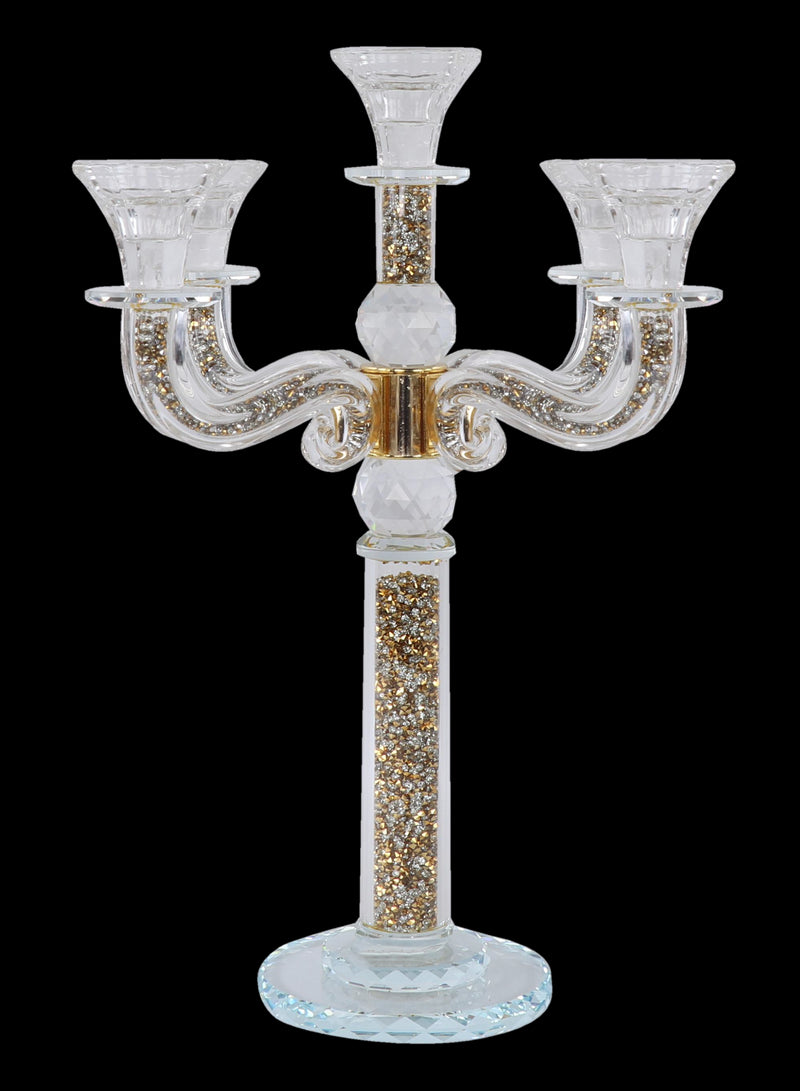Candelabra: 5 Branch Crystal With Gold Crushed Glass - 15.5"