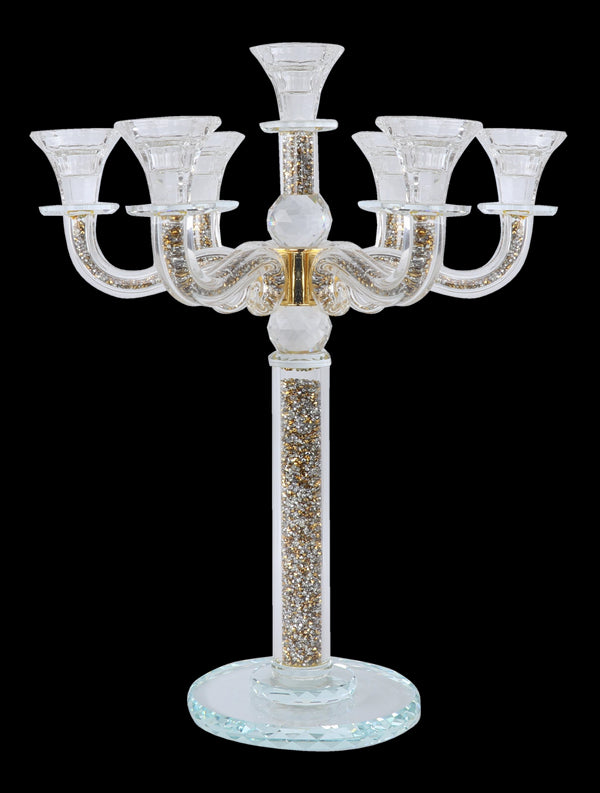 Candelabra: 7 Branch Crystal With Gold Crushed Glass - 16.5"