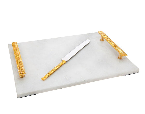 Challah Board & Knife: Herringbone - White Marble