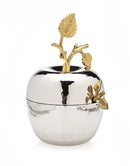 Honey Dish & Spoon: Apple Shaped With Brass Design - Silver