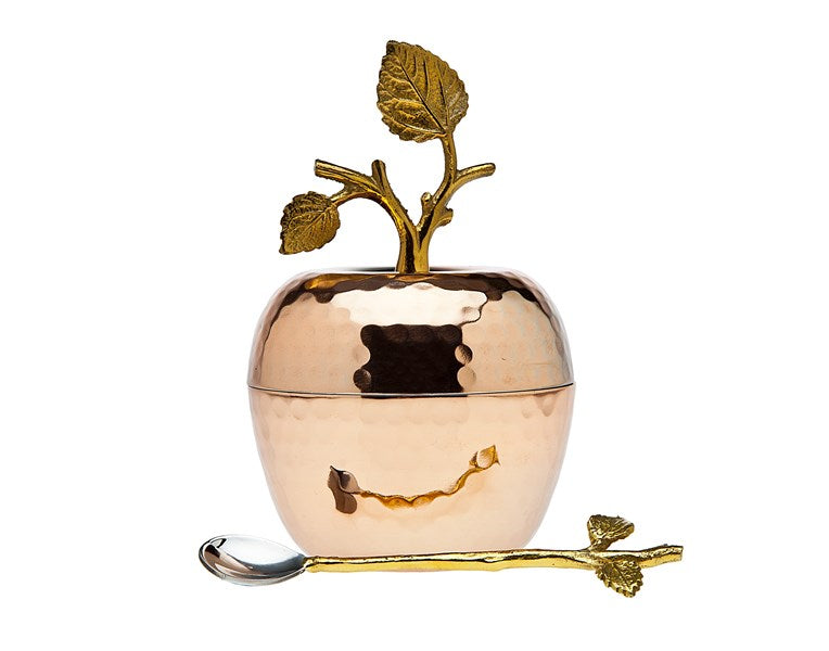 Honey Dish & Spoon: Apple Shaped With Brass Design - Copper