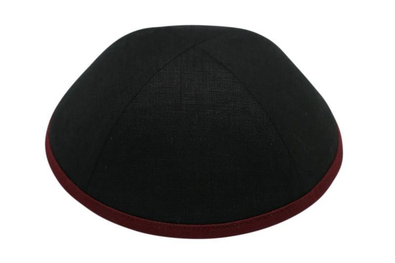 iKippah - Black Linen Maroon Rim Yarmulka