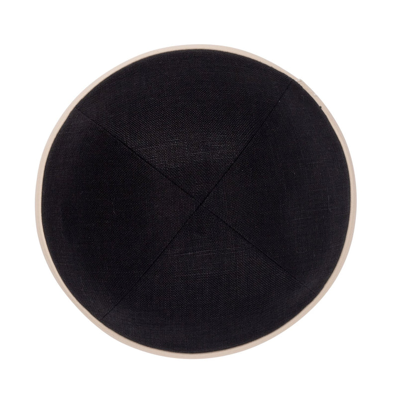 iKippah - Black Linen With Tan Leather Rim Yarmulka