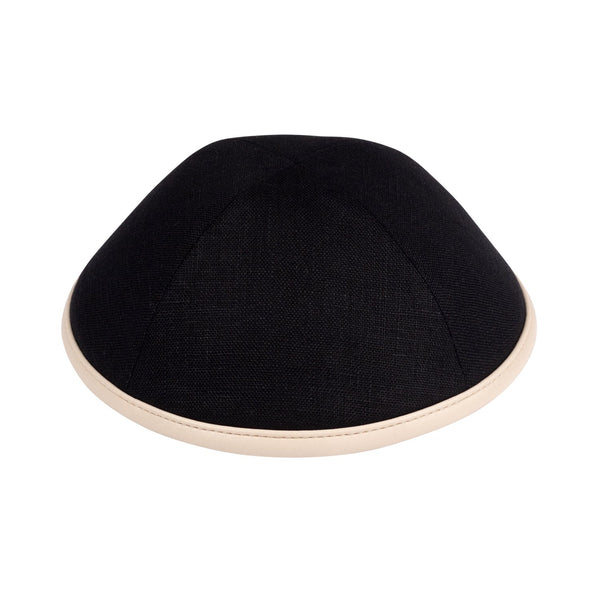 iKippah - Black Linen With Tan Leather Rim Yarmulka