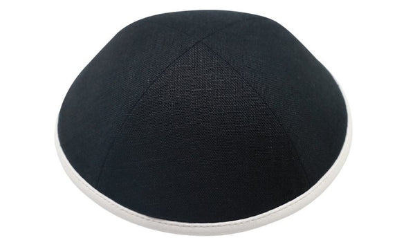 iKippah - Black Linen With White Leather Rim Yarmulka