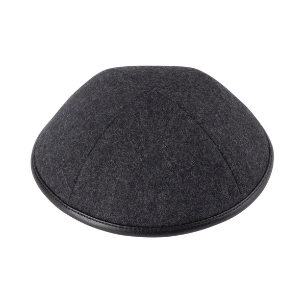 iKippah - Grey Wool Black With Leather Rim Yarmulka