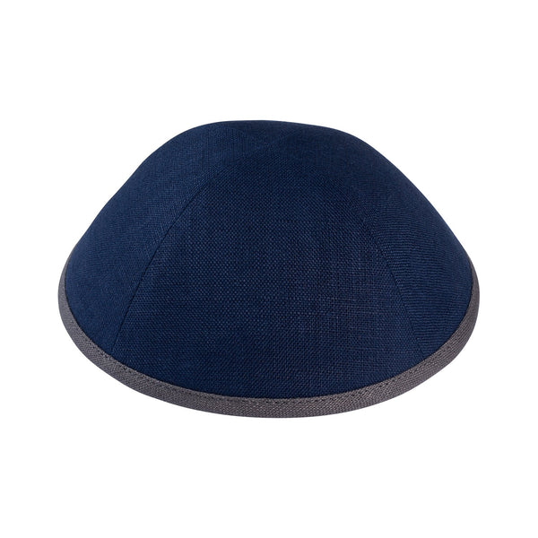 iKippah - Navy Linen With Grey Rim Yarmulka