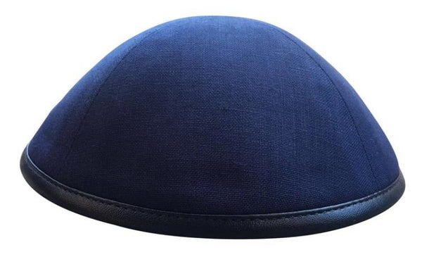 iKippah - Navy Linen With Navy Leather Rim Yarmulka