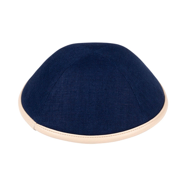 iKippah - Navy Linen Tan Leather Rim Yarmulka