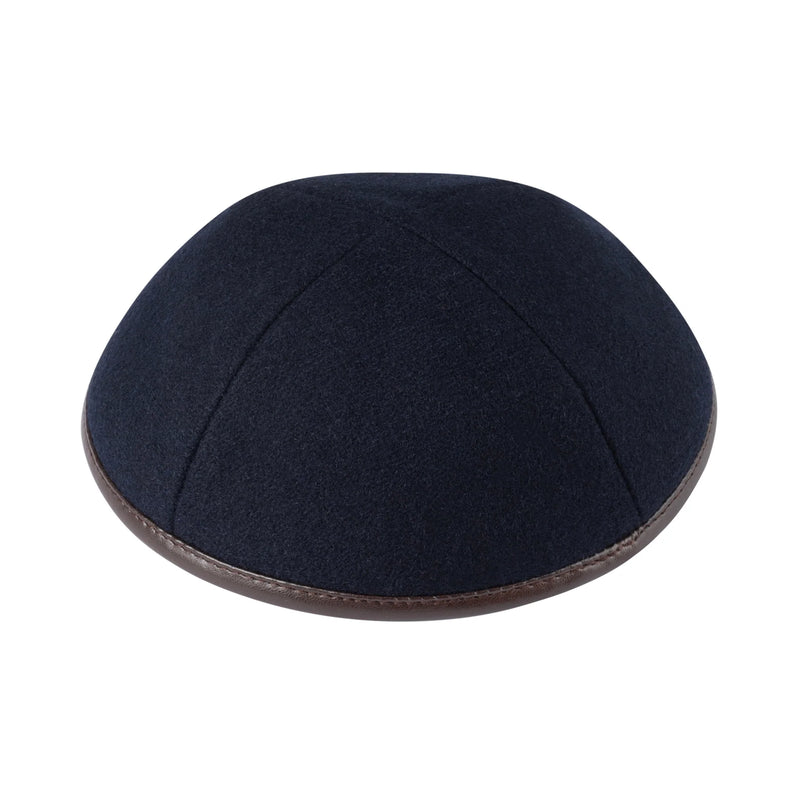 iKippah - Navy Wool With Brown Leather Rim Yarmulka