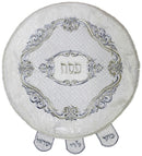Matzah Cover: Round Brocade White Silver Pesach Quilted Design