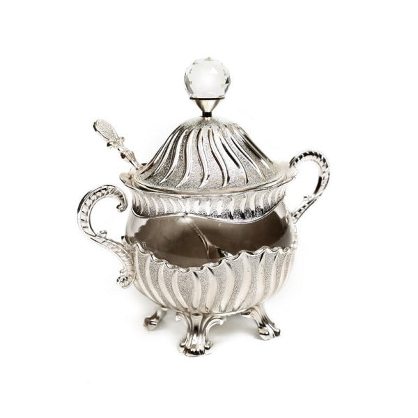 Honey Dish & Spoon: Silver Plated Matt Stripes Design