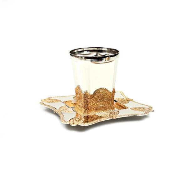 Kiddush Cup & Tray: Silver Plated Gold Filigree Design