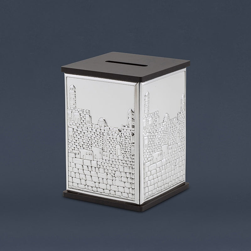 Tzedaka Box: Wood & Silver Plated Jerusalem Design