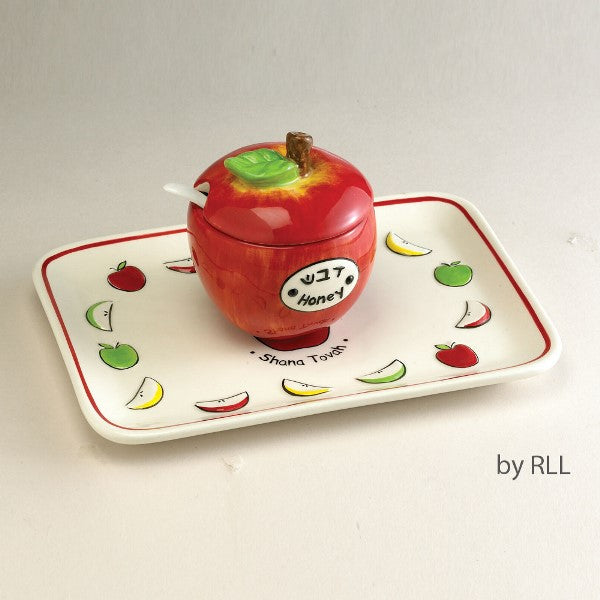 Honey Dish, Spoon & Tray: Ceramic - Apple Shaped